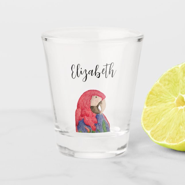 Tropical Parrot Colorful Macaw Drawing Shot Glass (Front)