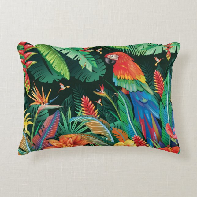 Tropical Parrot: Exotic Floral Background. Accent Pillow (Front)