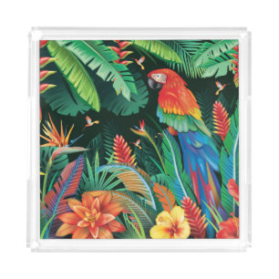 Tropical Parrot: Exotic Floral Background. Acrylic Tray