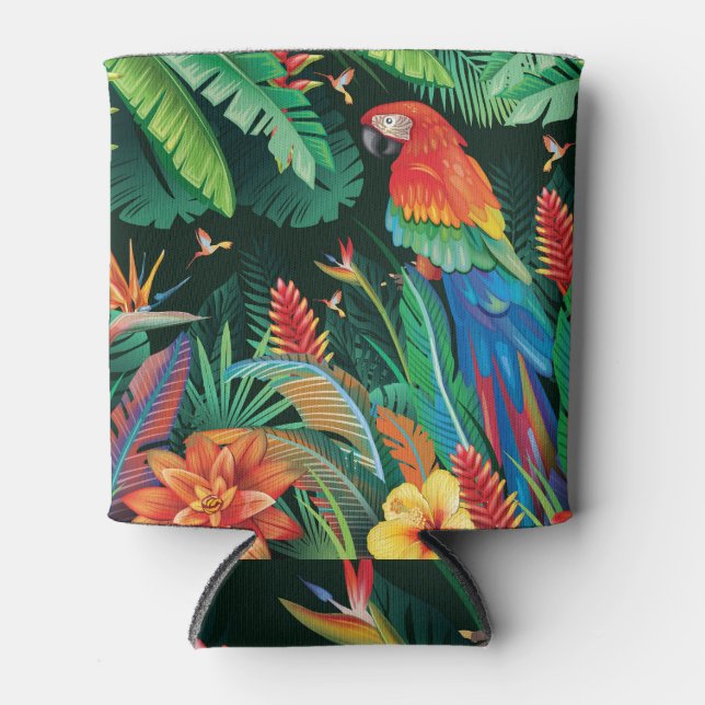 Tropical Parrot: Exotic Floral Background. Can Cooler (Front)