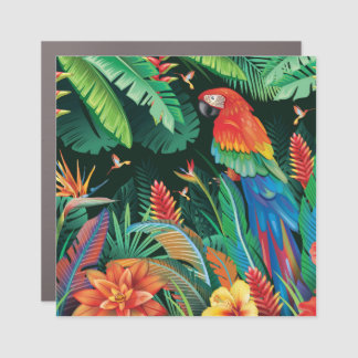 Tropical Parrot: Exotic Floral Background. Car Magnet
