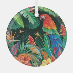 Tropical Parrot: Exotic Floral Background. Glass Ornament