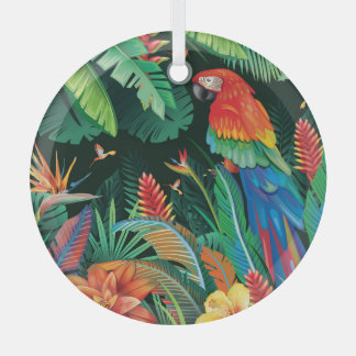 Tropical Parrot: Exotic Floral Background. Glass Ornament
