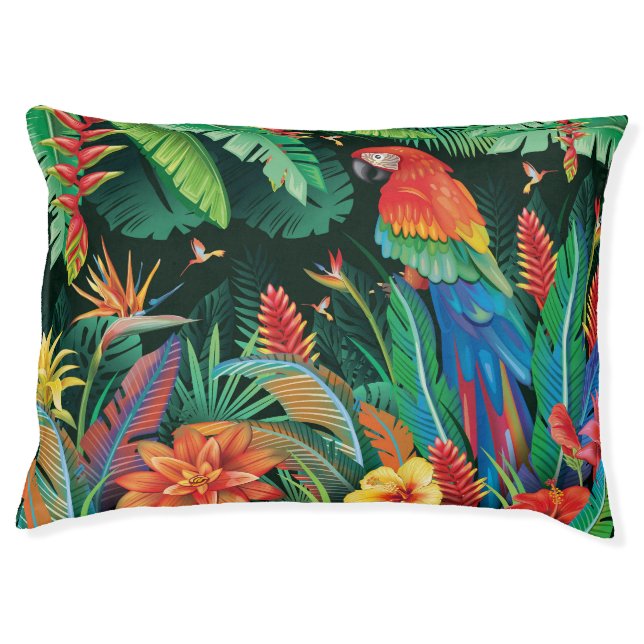 Tropical Parrot: Exotic Floral Background. Pet Bed (Front)