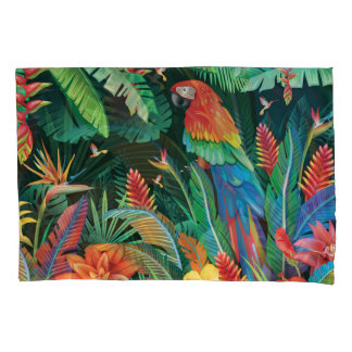 Tropical Parrot: Exotic Floral Background. Pillow Case