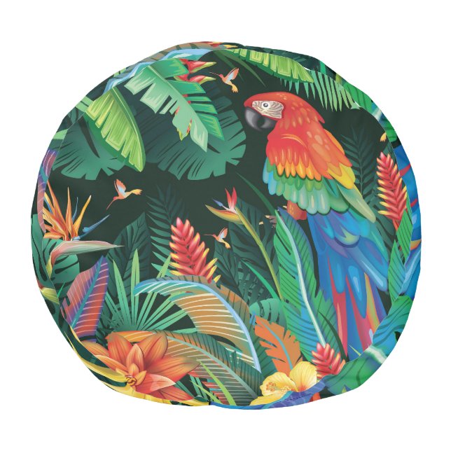 Tropical Parrot: Exotic Floral Background. Pouf (Bottom)