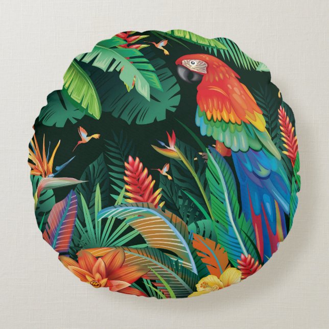Tropical Parrot: Exotic Floral Background. Round Pillow (Front)