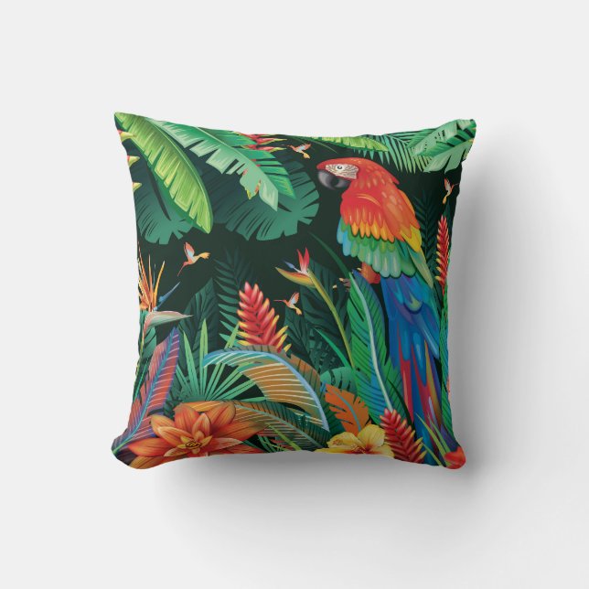 Tropical Parrot: Exotic Floral Background. Throw Pillow (Front)