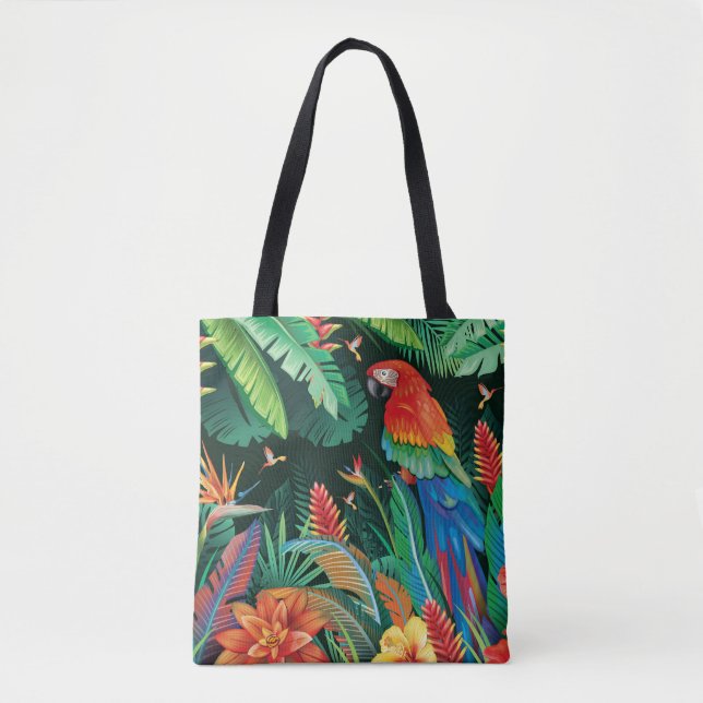 Tropical Parrot: Exotic Floral Background. Tote Bag (Front)