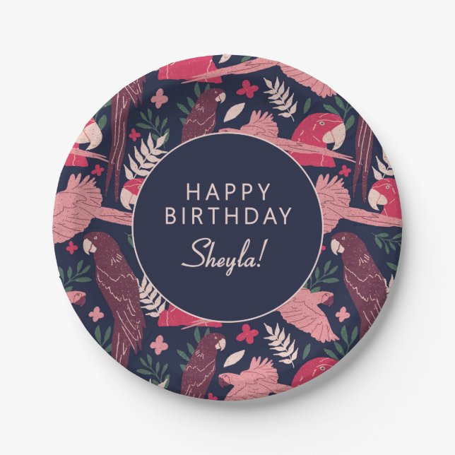 Tropical Parrot Happy Birthday Party Custom  Paper Plates (Front)