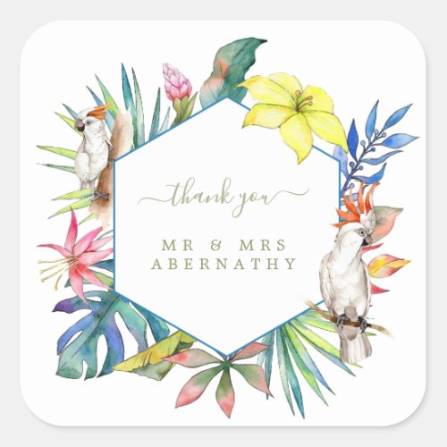 Tropical Parrot Island Wedding Thank You Classic R Square Sticker