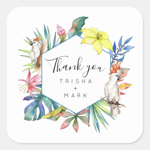 Tropical Parrot Island Wedding Thank You Square Sticker