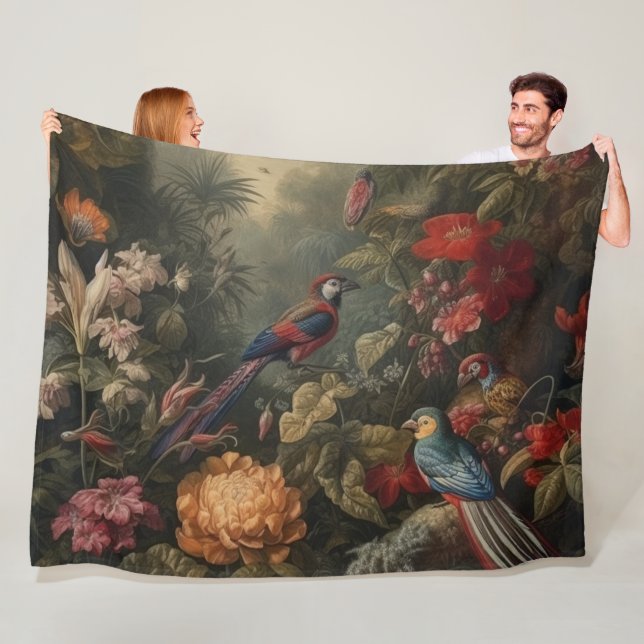 Tropical Parrot Jungle Canopy Botanical Art Fleece Blanket (In Situ)