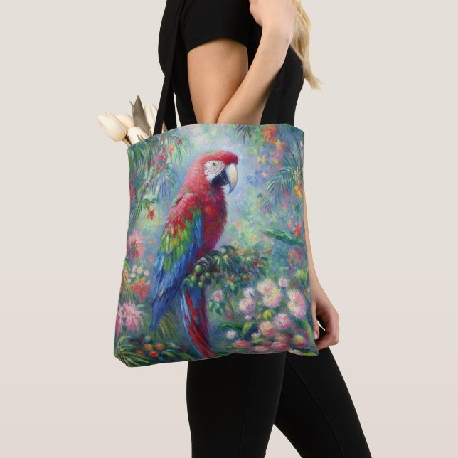 Tropical Parrot Whimsical Impressionism Junglecore Tote Bag (Close Up)