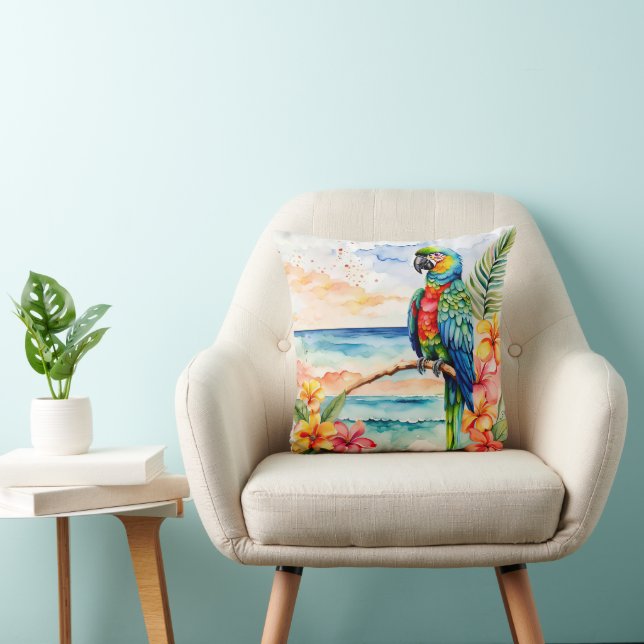 Tropical Parrot With Flowers Throw Pillow (Chair)