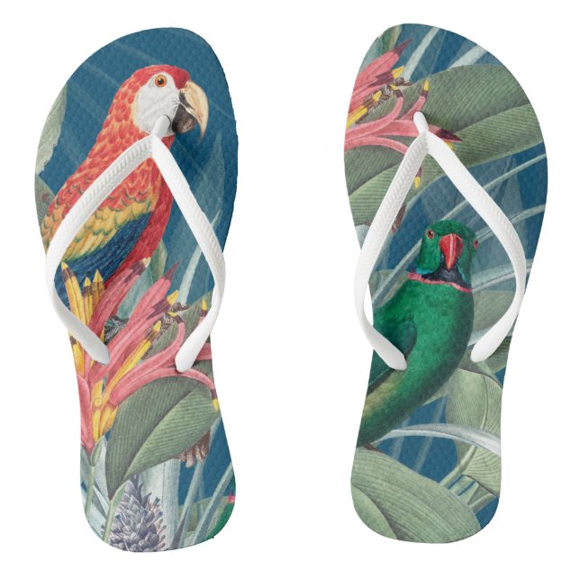 Tropical Parrots and Floral Dark Blue Flip Flops (Footbed)