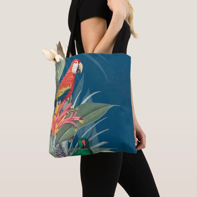 Tropical Parrots and Floral Dark Blue Tote Bag (Close Up)