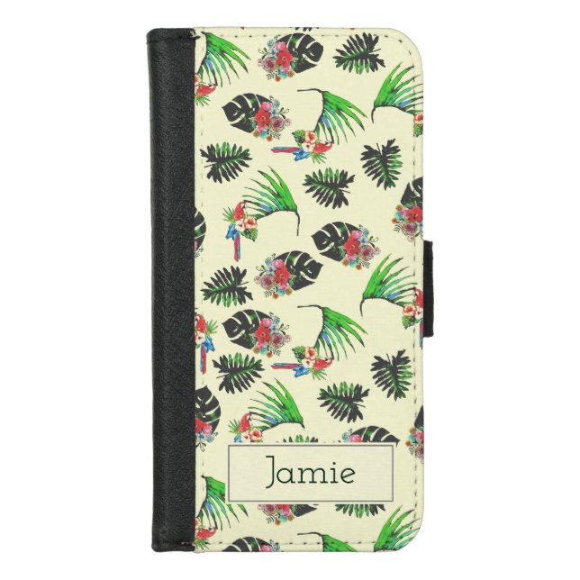 Tropical Parrots and Floral Pattern Personalised iPhone Wallet Case (Front)