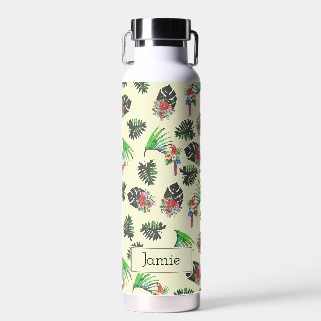 Tropical Parrots and Floral Pattern Personalised Water Bottle (Front)