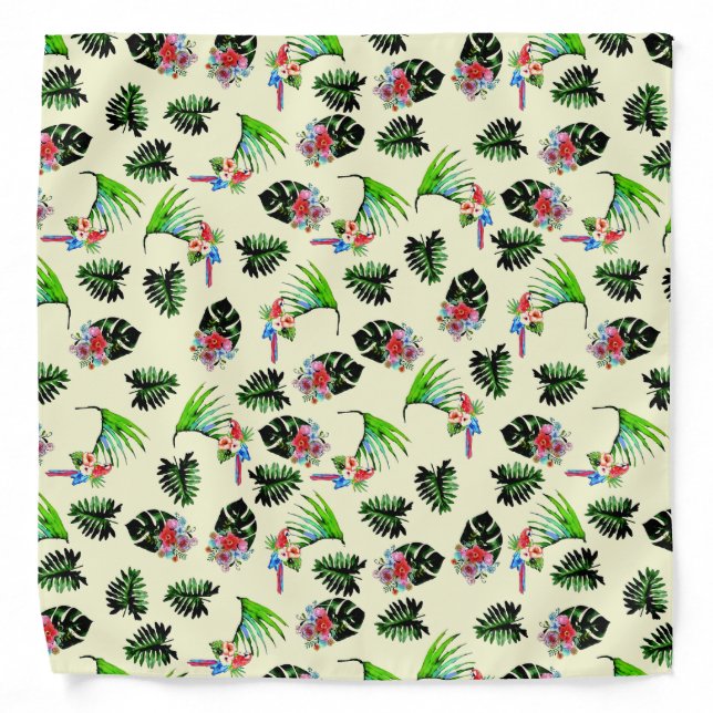 Tropical Parrots and Floral Watercolor Pattern Bandana (Front)