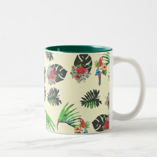 Tropical Parrots and Floral Watercolor Pattern Two-Tone Coffee Mug