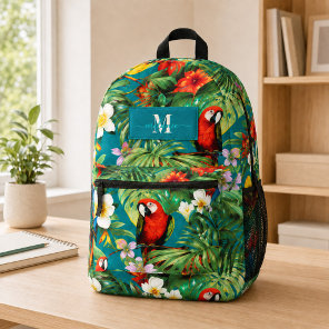 Tropical Parrots and Flowers Custom Monogram Name  Printed Backpack