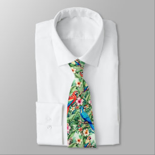 Tropical Parrots and Hibiscus in the Jungle Neck Tie