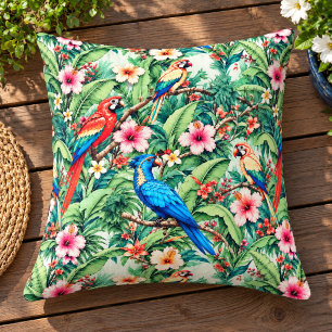 Tropical Parrots and Hibiscus in the Jungle Outdoor Pillow