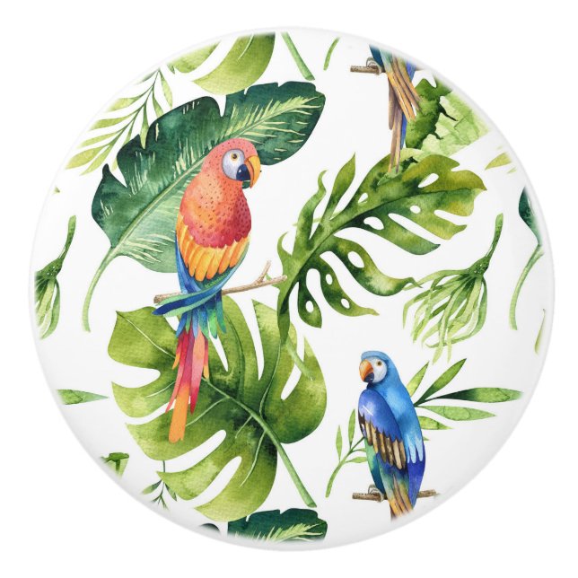 Tropical Parrots and Palms Coastal Living Design Ceramic Knob (Front)