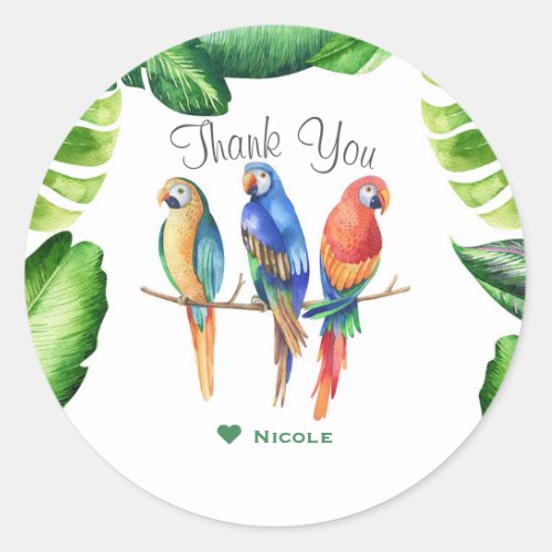 Tropical Parrots Birds  Leaves Birthday Party Classic Round Sticker