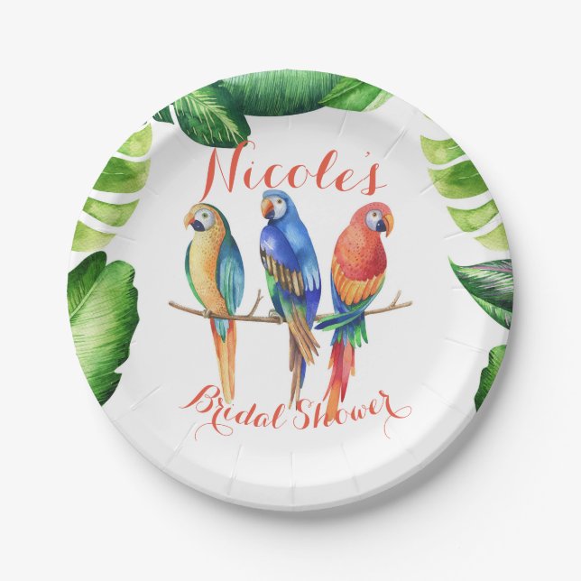 Tropical Parrots Birds & Leaves Birthday Party Paper Plates (Front)