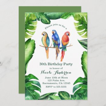 Tropical Parrots Birds & Leaves Party Invitatons Invitation by printabledigidesigns at Zazzle