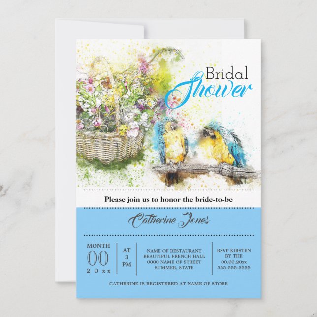 Tropical parrots country flowers watercolor blue invitation (Front)