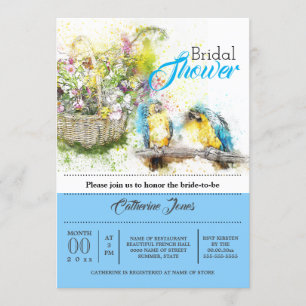 Tropical parrots country flowers watercolor blue invitation