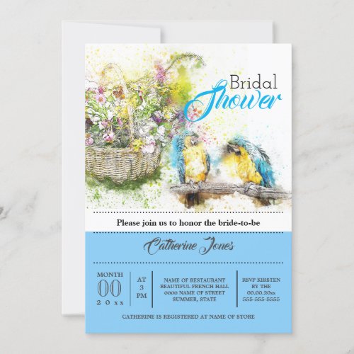 Tropical parrots country flowers watercolor blue invitation