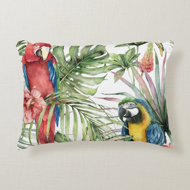 Tropical parrots, hibiscus: watercolor pattern. accent pillow (Front)