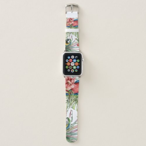 Tropical parrots hibiscus watercolor pattern apple watch band