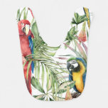 Tropical parrots, hibiscus: watercolor pattern. baby bib
