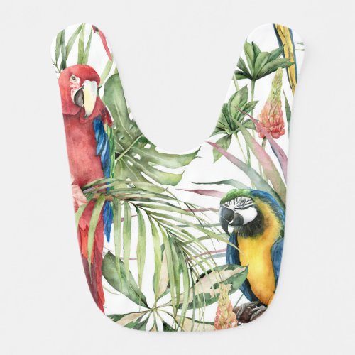Tropical parrots hibiscus watercolor pattern baby bib