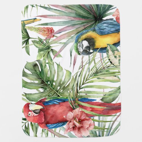 Tropical parrots hibiscus watercolor pattern baby blanket