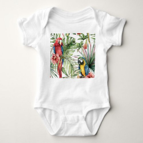 Tropical parrots hibiscus watercolor pattern baby bodysuit