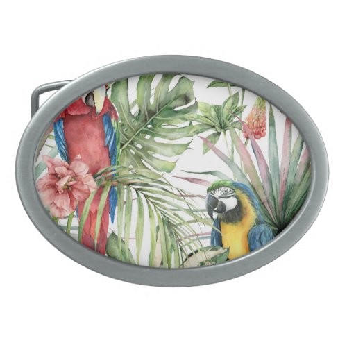 Tropical parrots hibiscus watercolor pattern belt buckle