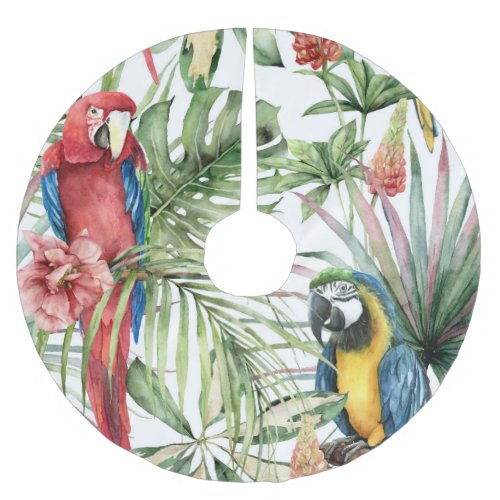 Tropical parrots hibiscus watercolor pattern brushed polyester tree skirt