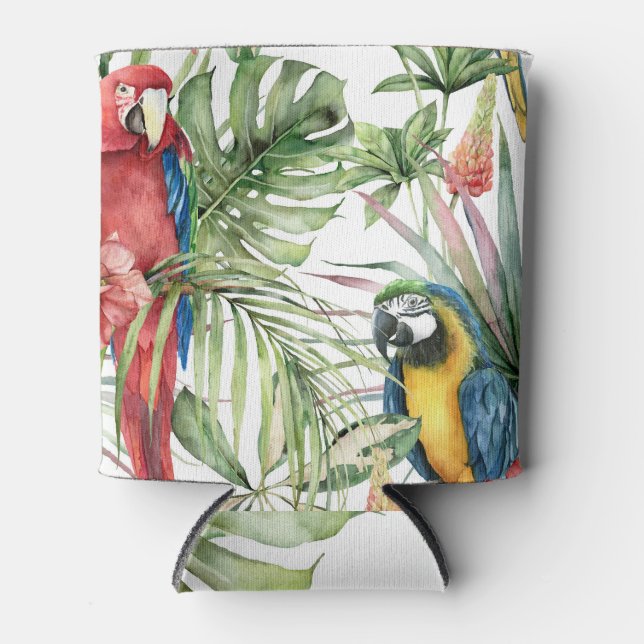 Tropical parrots, hibiscus: watercolor pattern. can cooler (Front)