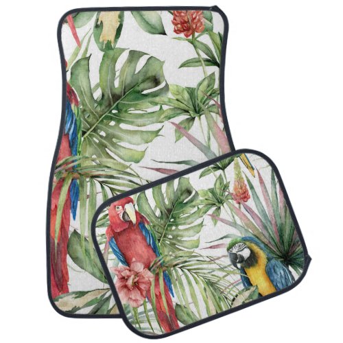 Tropical parrots hibiscus watercolor pattern car floor mat