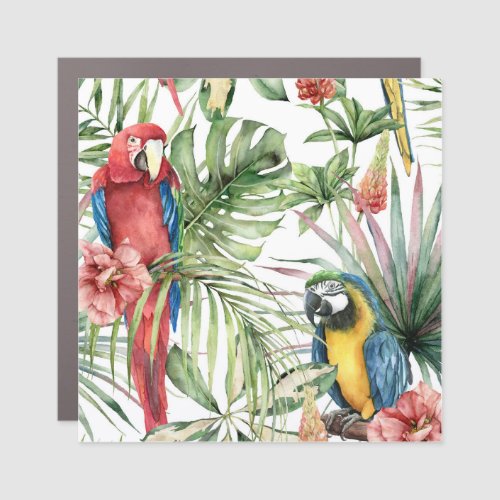 Tropical parrots hibiscus watercolor pattern car magnet