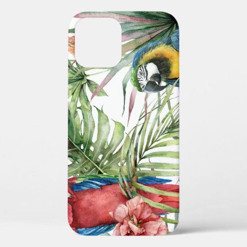 Tropical parrots hibiscus watercolor pattern iPhone 12 case