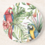 Tropical parrots, hibiscus: watercolor pattern. coaster