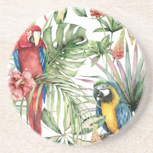 Tropical parrots hibiscus watercolor pattern coaster