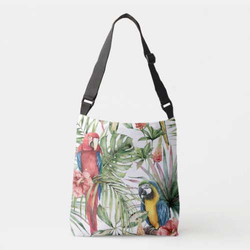 Tropical parrots hibiscus watercolor pattern crossbody bag